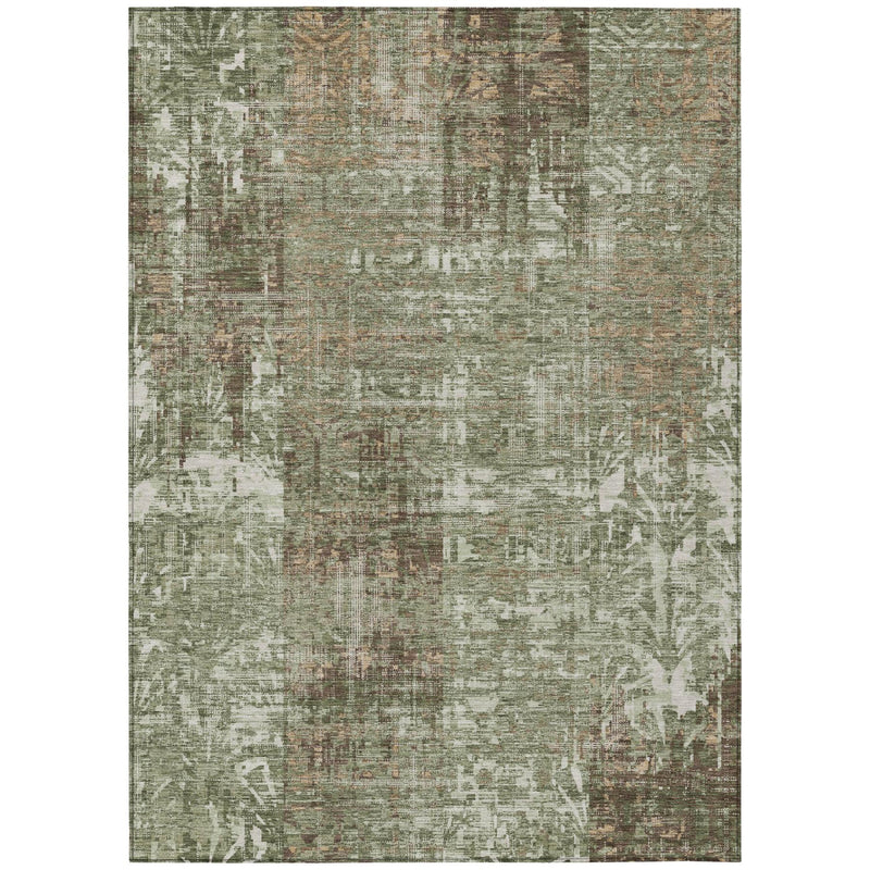 Rectangular green abstract area rug with textured distressed finish