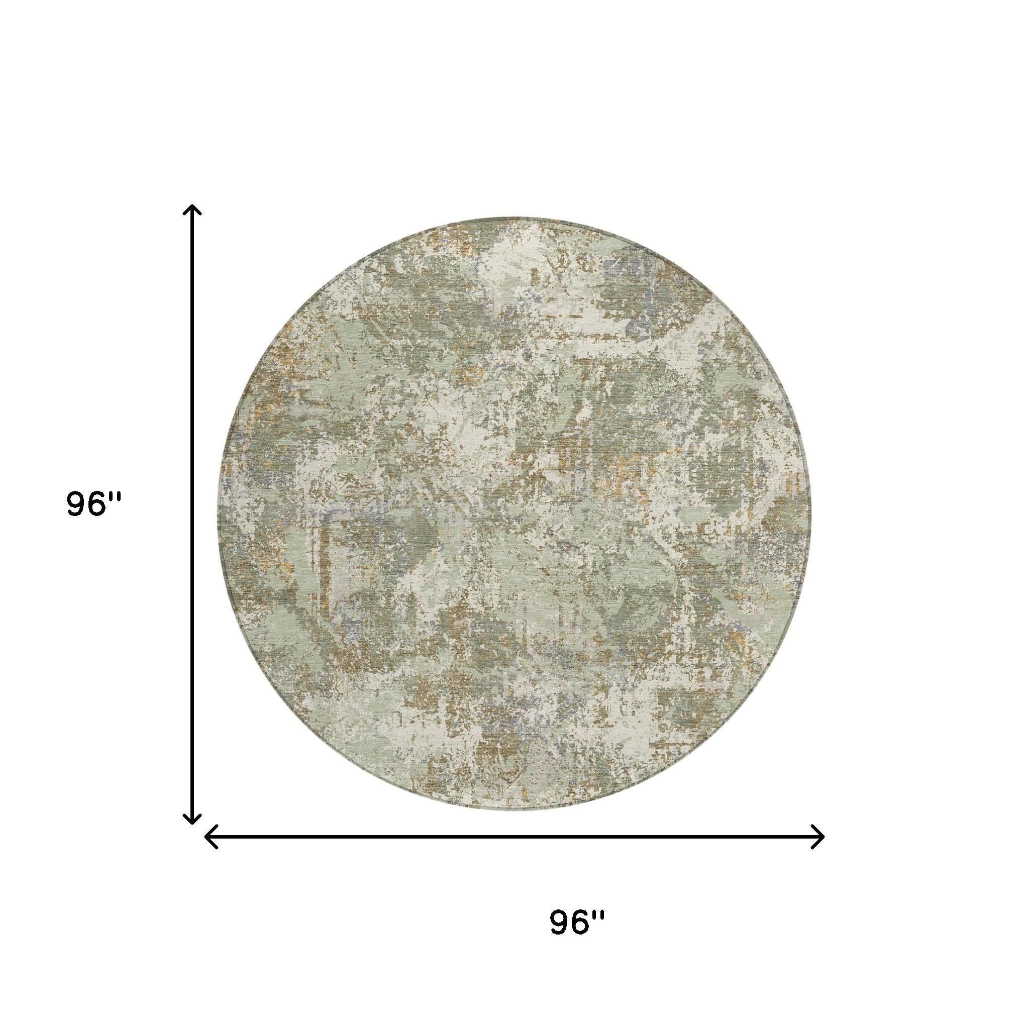 Round abstract area rug, muted green and beige distressed texture, washable indoor/outdoor