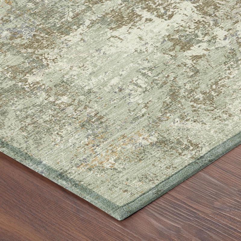 Corner view of round abstract rug, muted green and beige distressed texture with border
