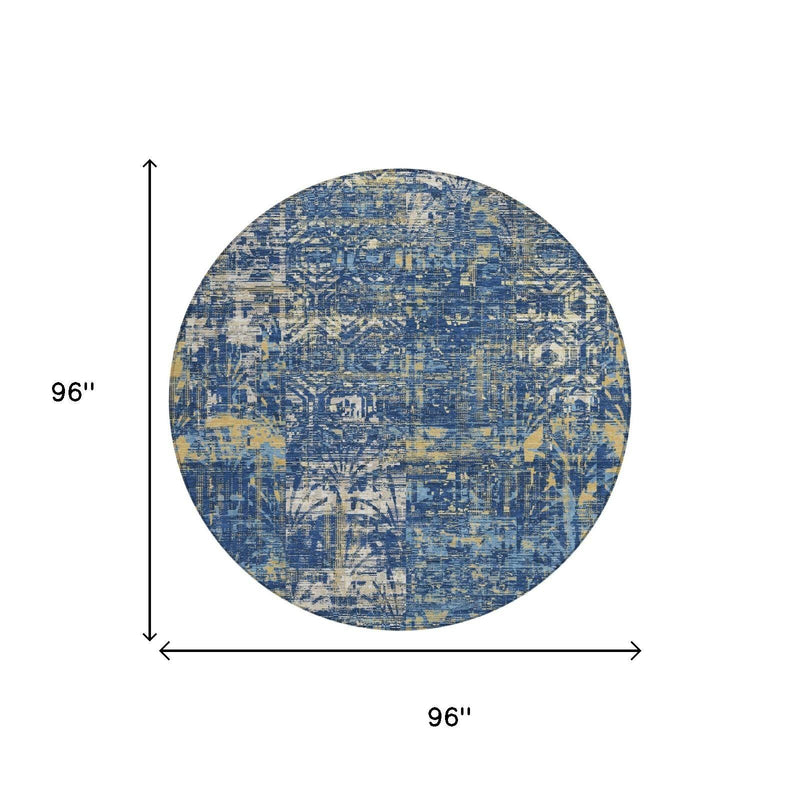 Round blue and navy abstract area rug, 96 in x 96 in measurements