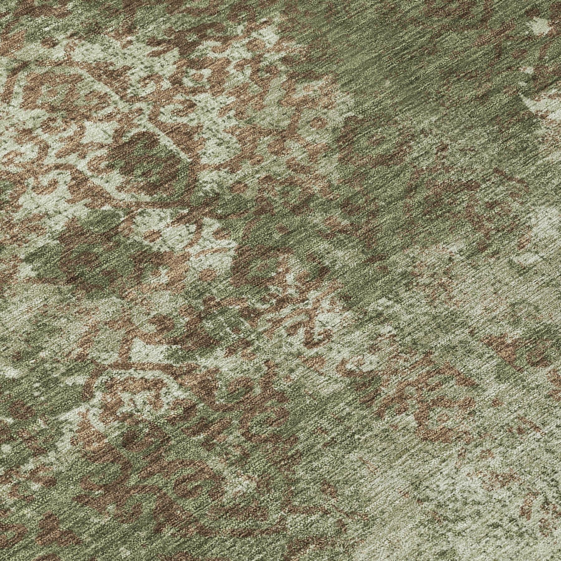 Olive green abstract washable area rug with mottled beige and brown wash pattern