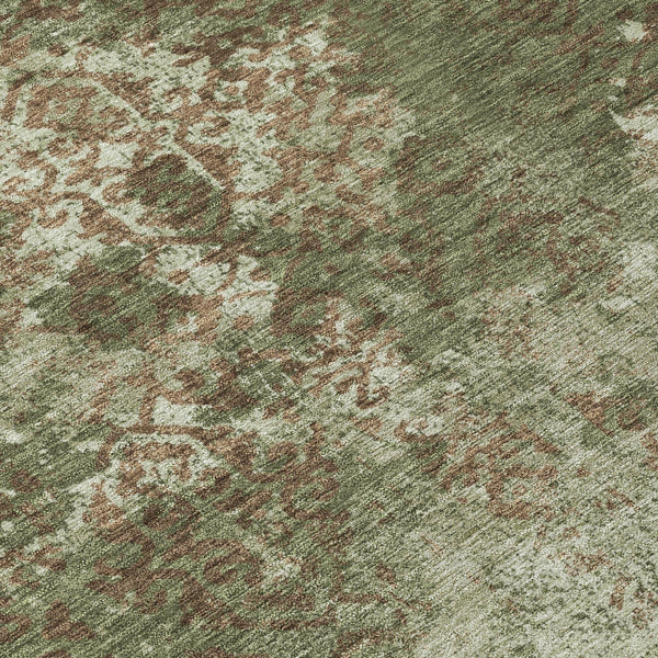 Olive green abstract washable area rug with mottled beige and brown wash pattern