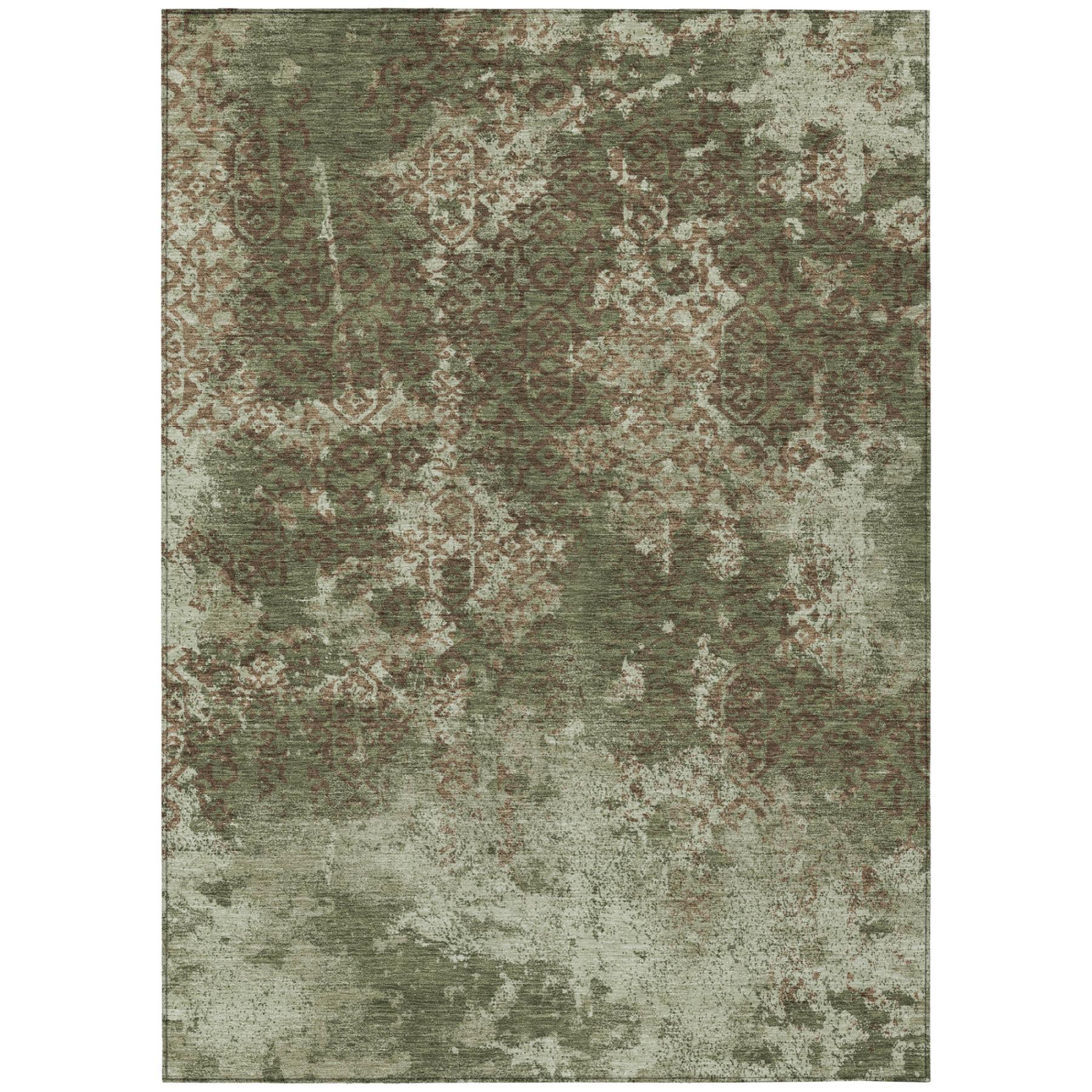 Olive green and beige abstract area rug, flat-woven washable indoor/outdoor design