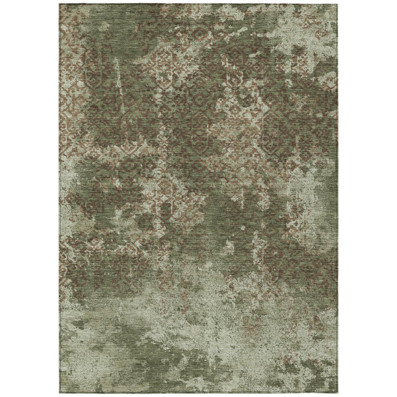 Olive green and beige abstract area rug, flat-woven washable indoor/outdoor design