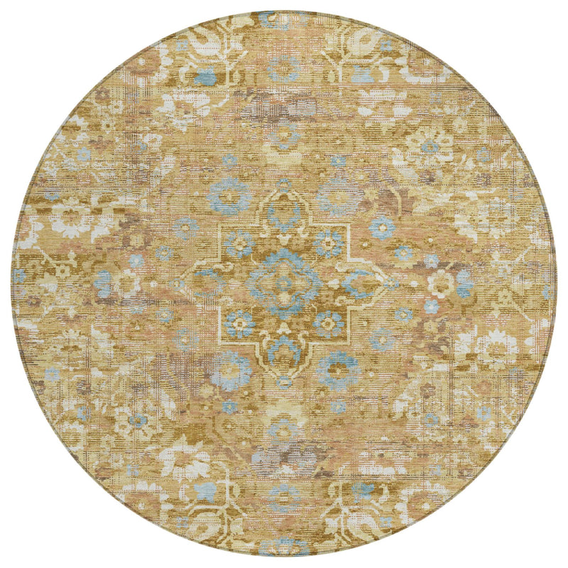 Round area rug with gold and copper floral medallion, light blue pattern accents