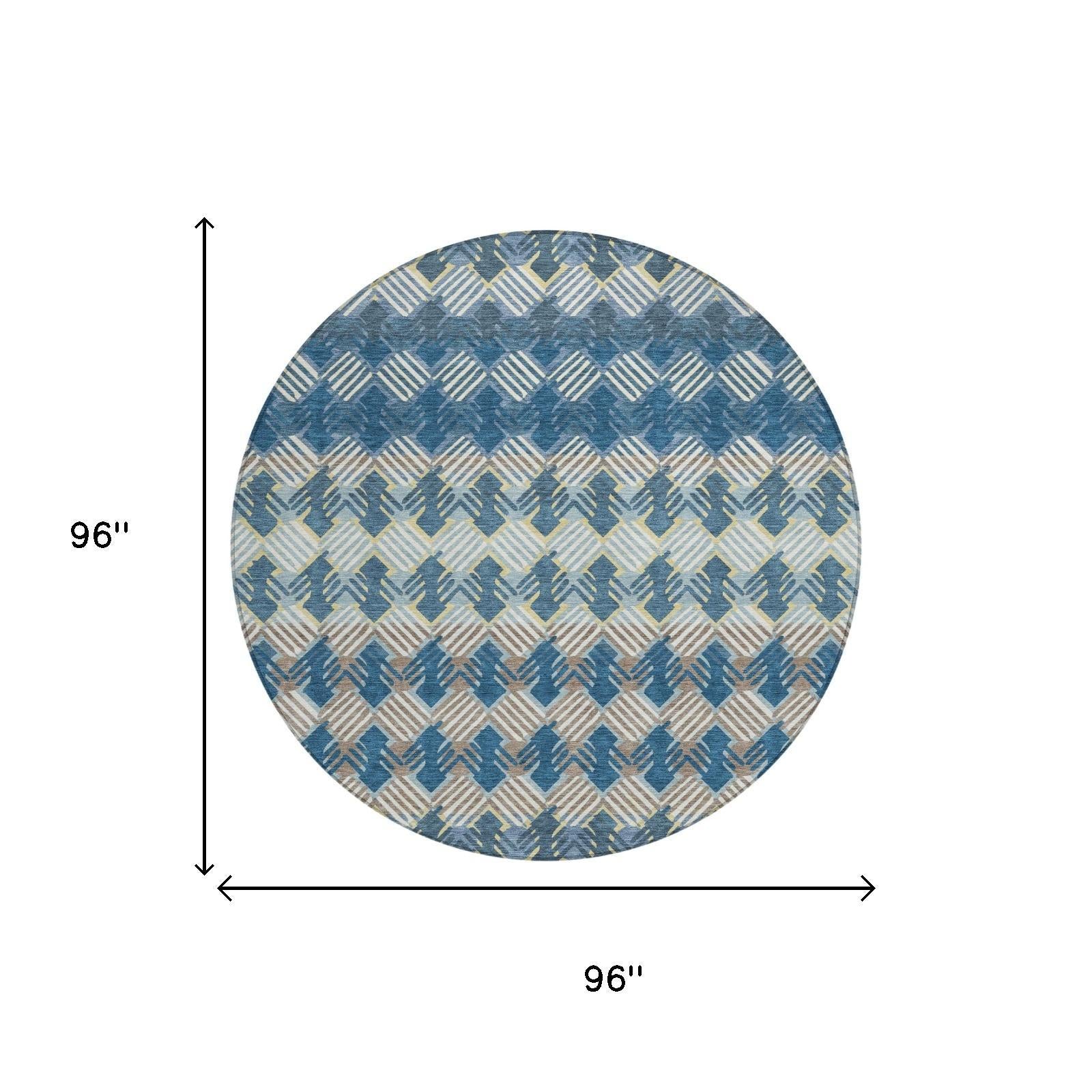 Round area rug, blue and cream geometric stripe design with size markings