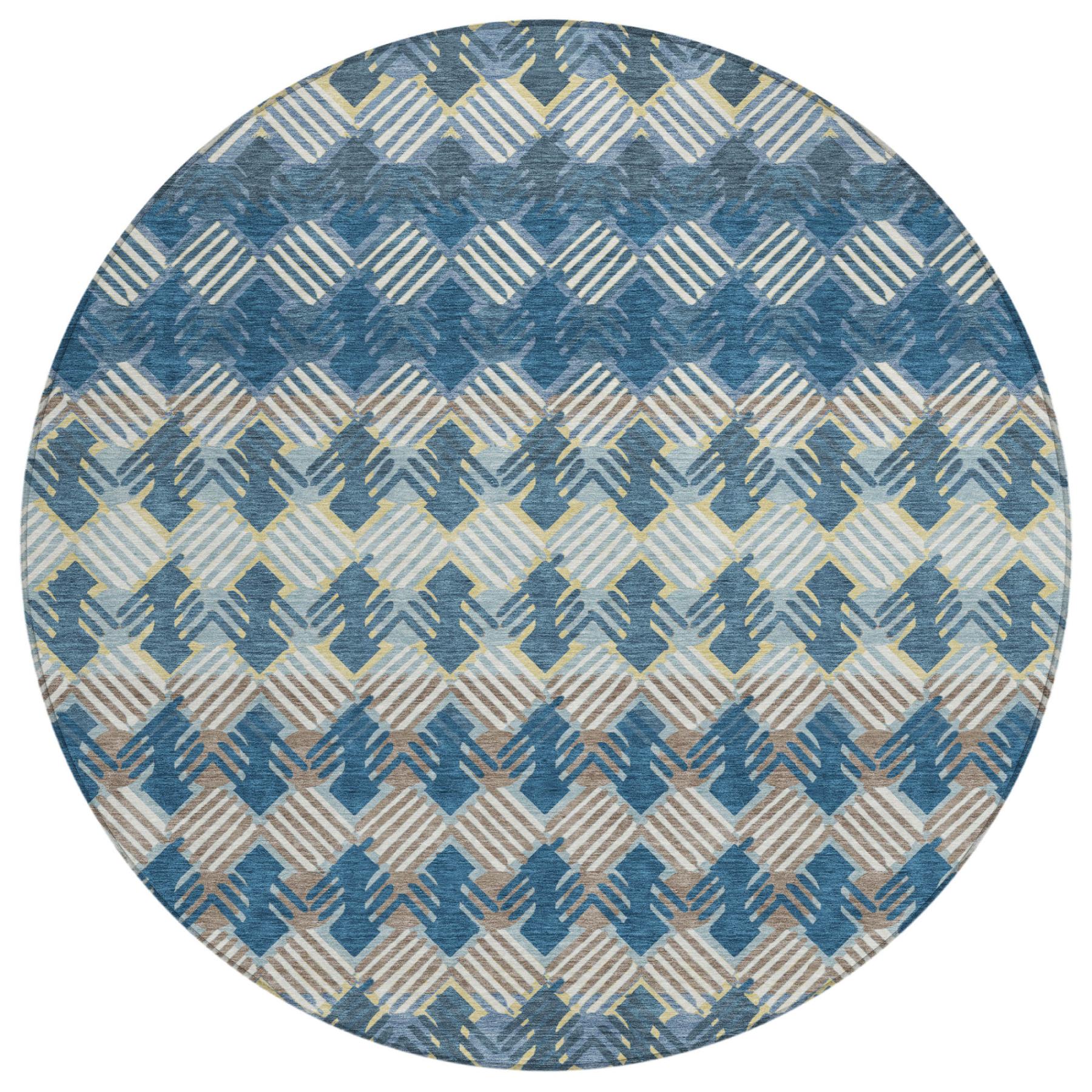 Round area rug, blue and cream geometric stripe pattern
