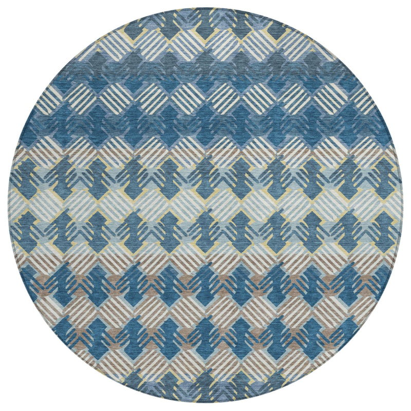 Round area rug, blue and cream geometric stripe pattern
