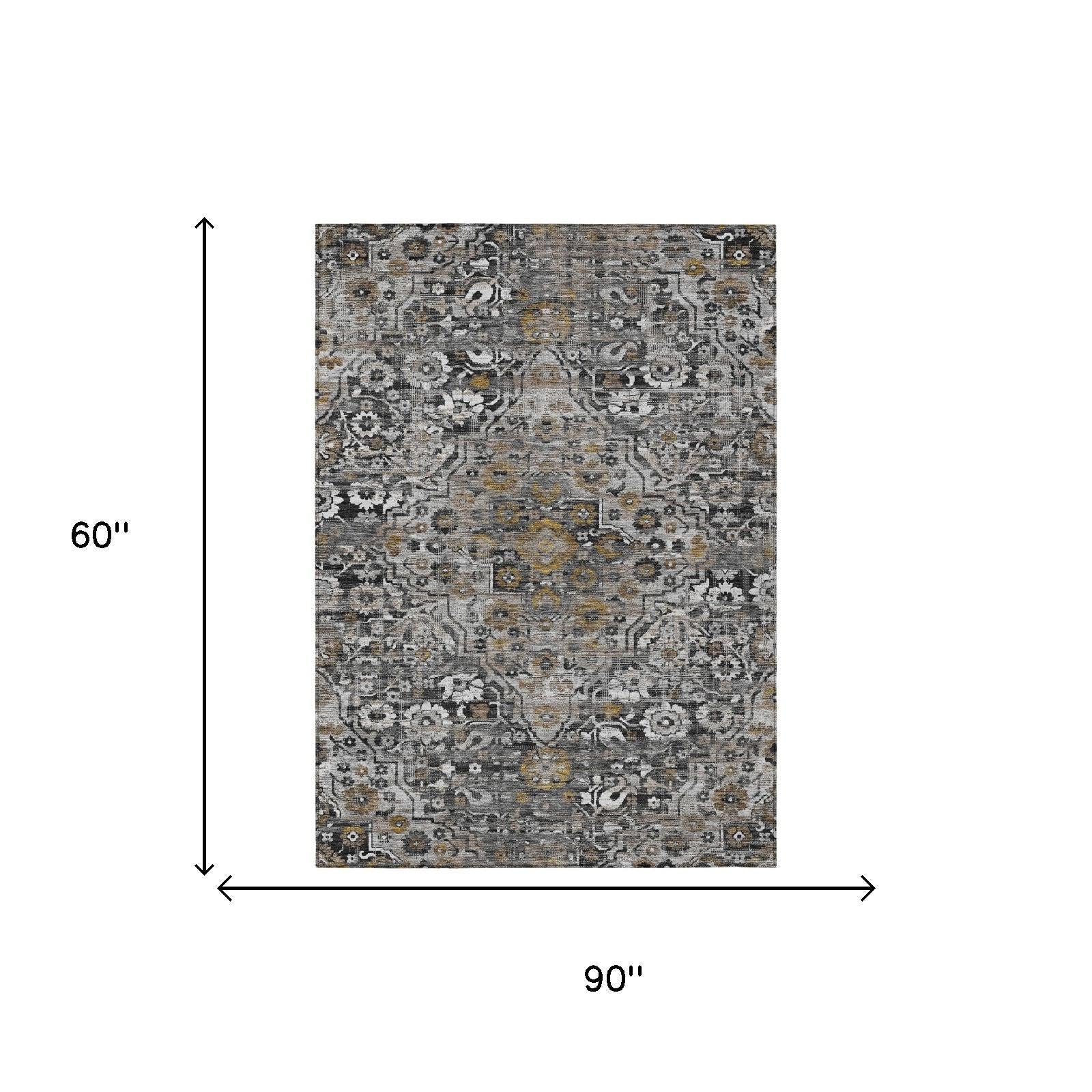 Gray and black medallion floral area rug with yellow accents, 60x90 in