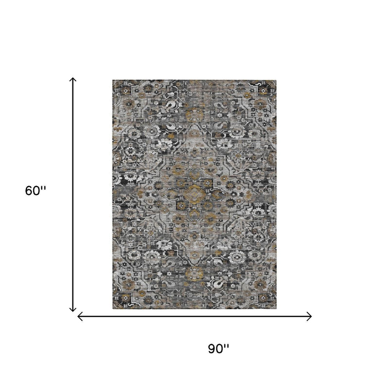 Gray and black medallion floral area rug with yellow accents, 60x90 in