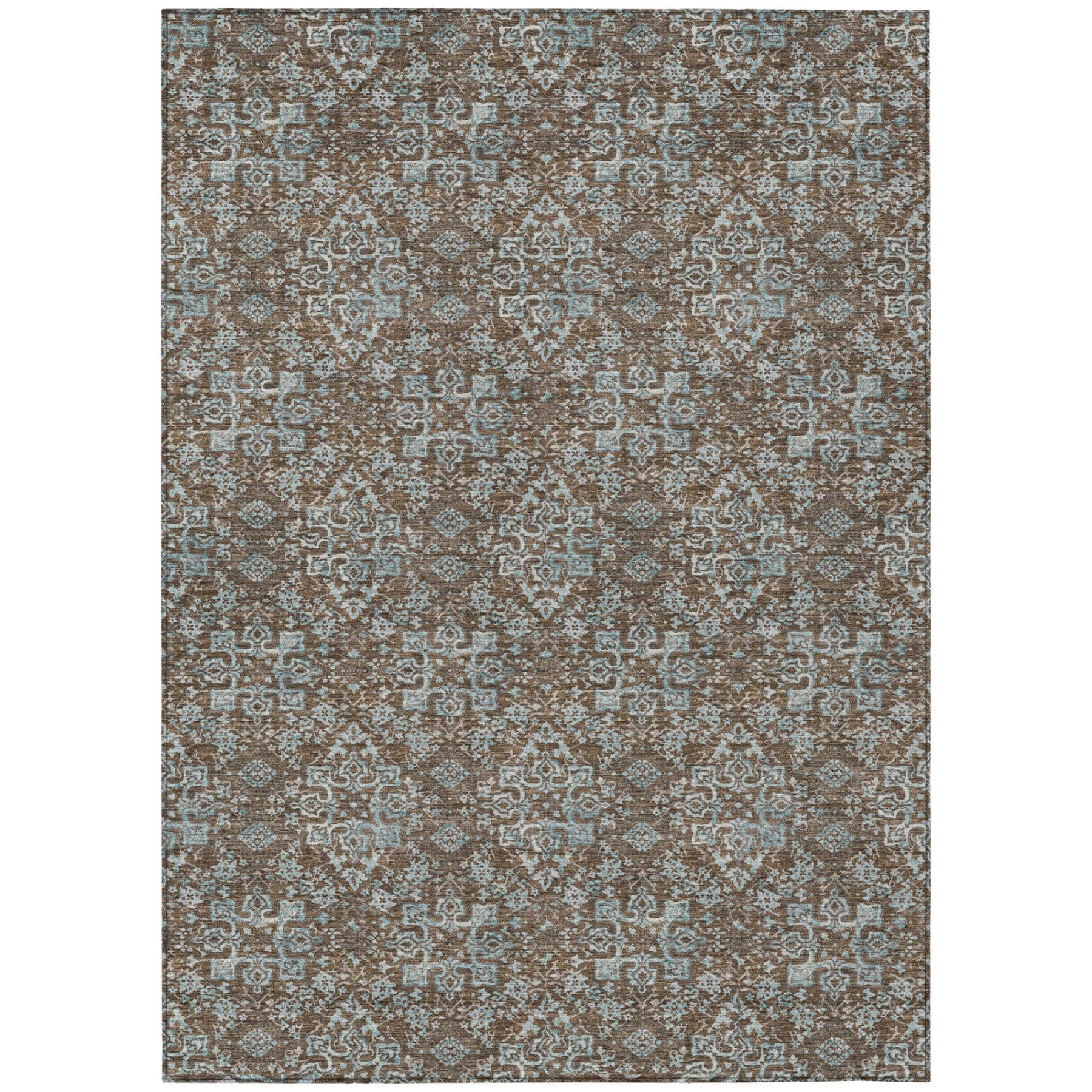 Brown and teal damask area rug with repeating ornate medallion pattern, full view