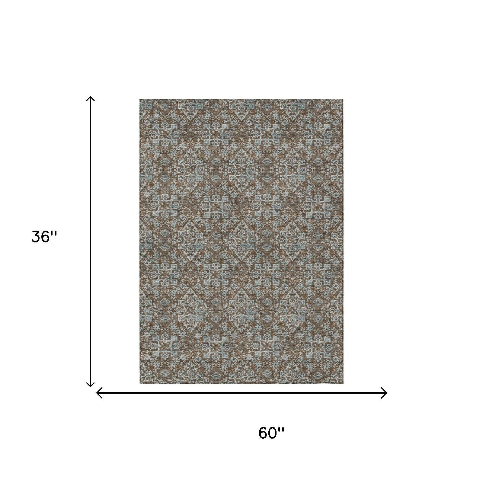 Damask area rug with ornate medallion pattern, 60 in x 36 in size diagram