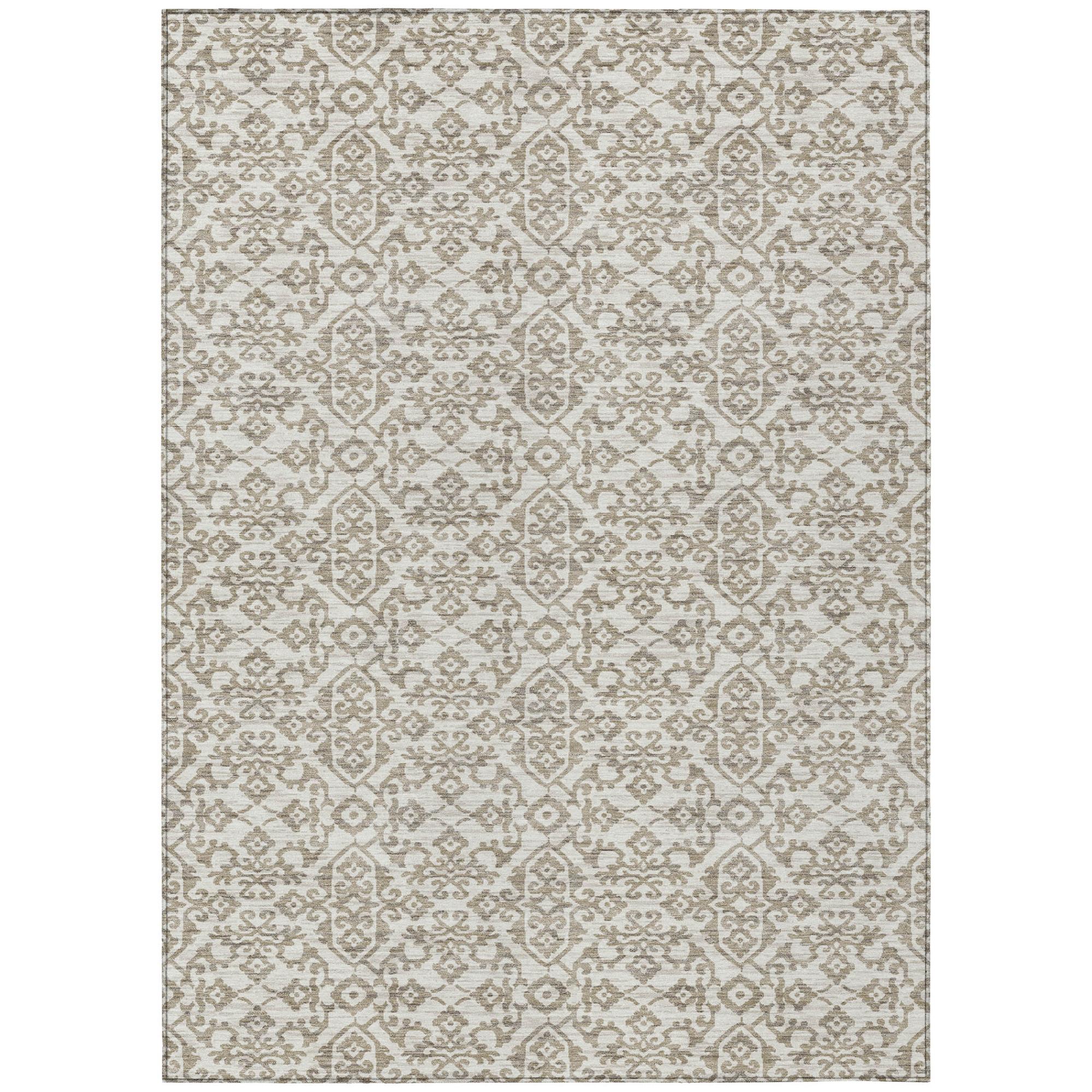 Ivory and beige damask area rug with all-over repeating geometric ornament pattern