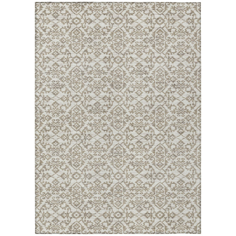Ivory and beige damask area rug with all-over repeating geometric ornament pattern