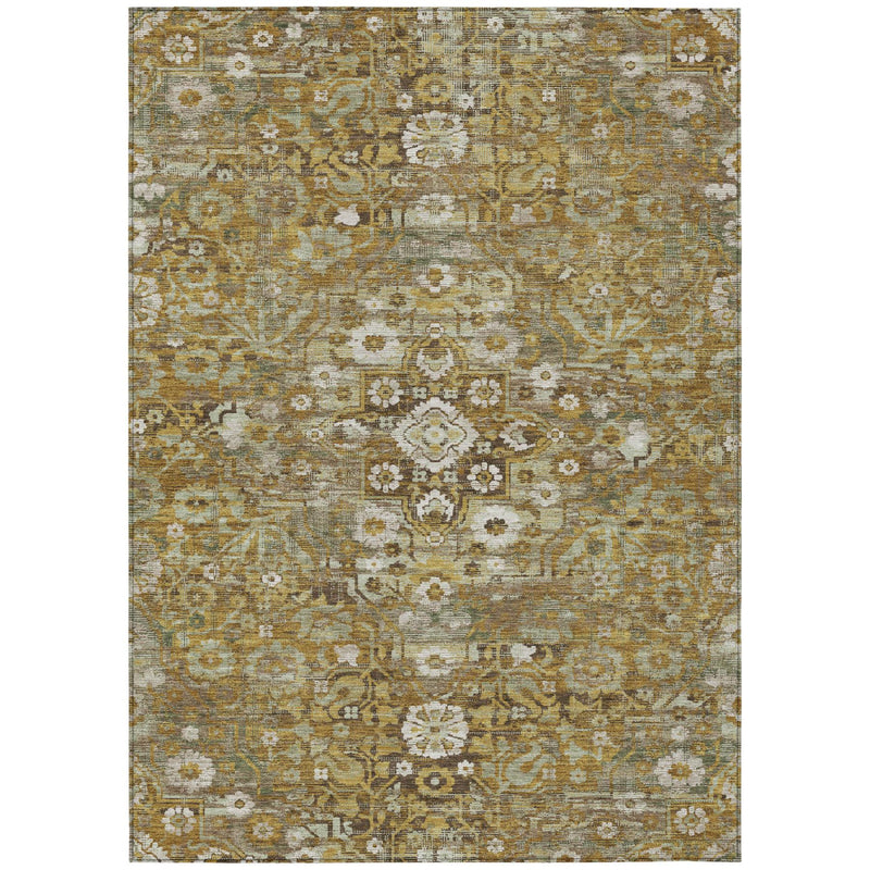 Walnut and gold floral medallion area rug with cream accents and distressed texture