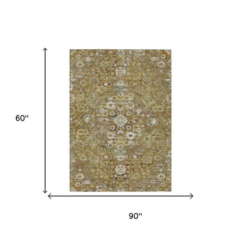 Rectangular area rug with floral medallion design in walnut, gold, and cream