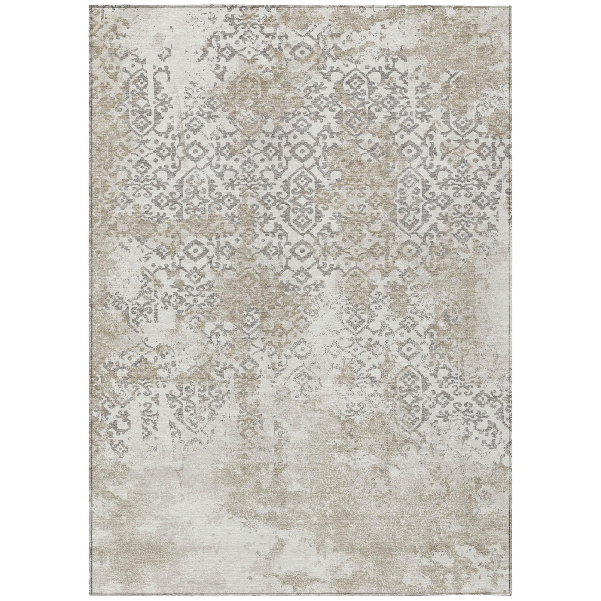 Rectangular ivory and silver abstract area rug with damask-style pattern and border