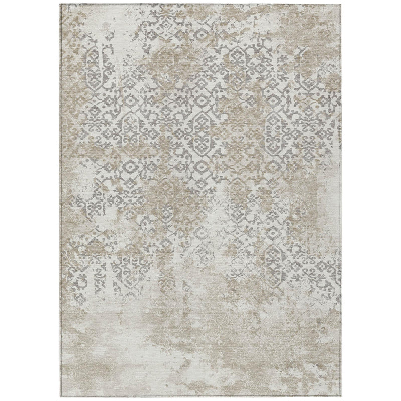 Rectangular ivory and silver abstract area rug with damask-style pattern and border