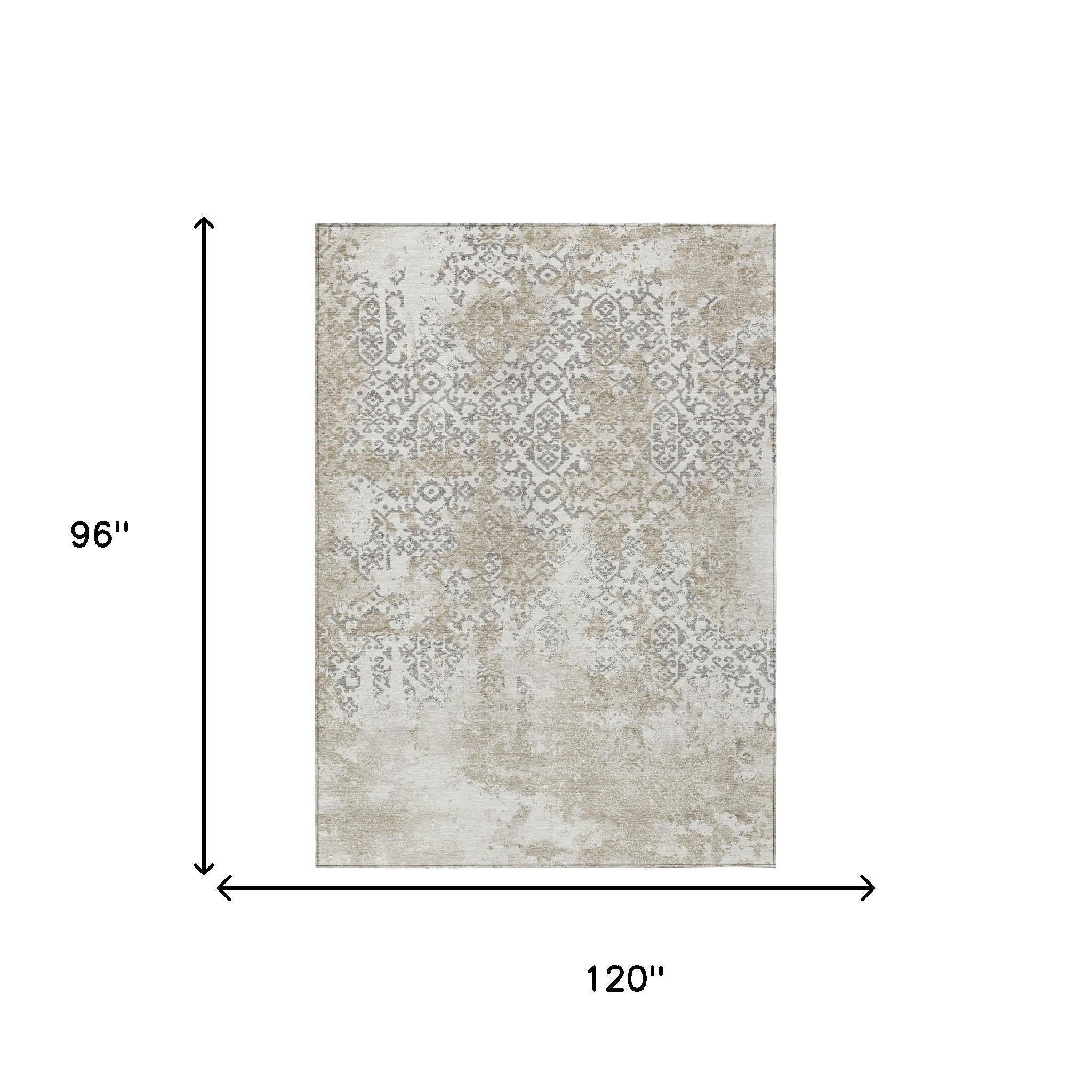Ivory and silver abstract area rug, 8 x 10 ft rectangle, damask pattern