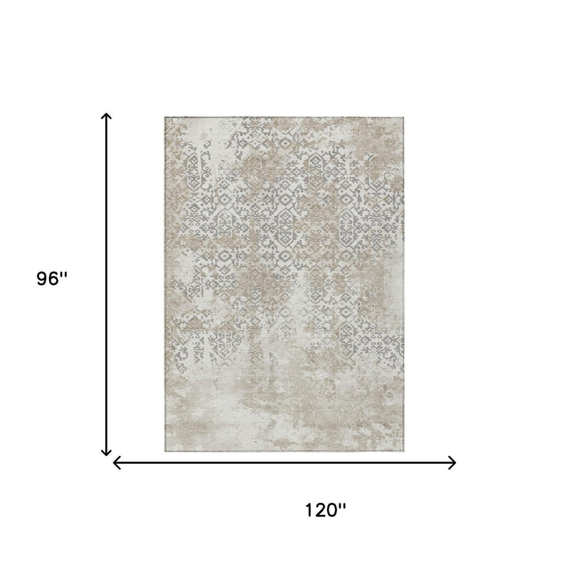 Ivory and silver abstract area rug, 8 x 10 ft rectangle, damask pattern