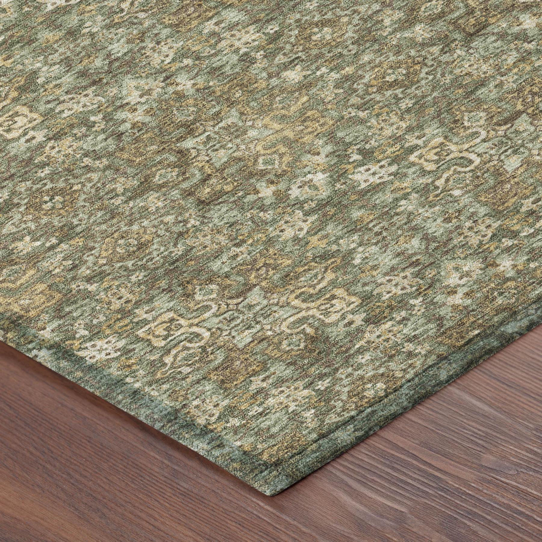Round damask area rug with olive, green, and cream medallion pattern, flat woven look