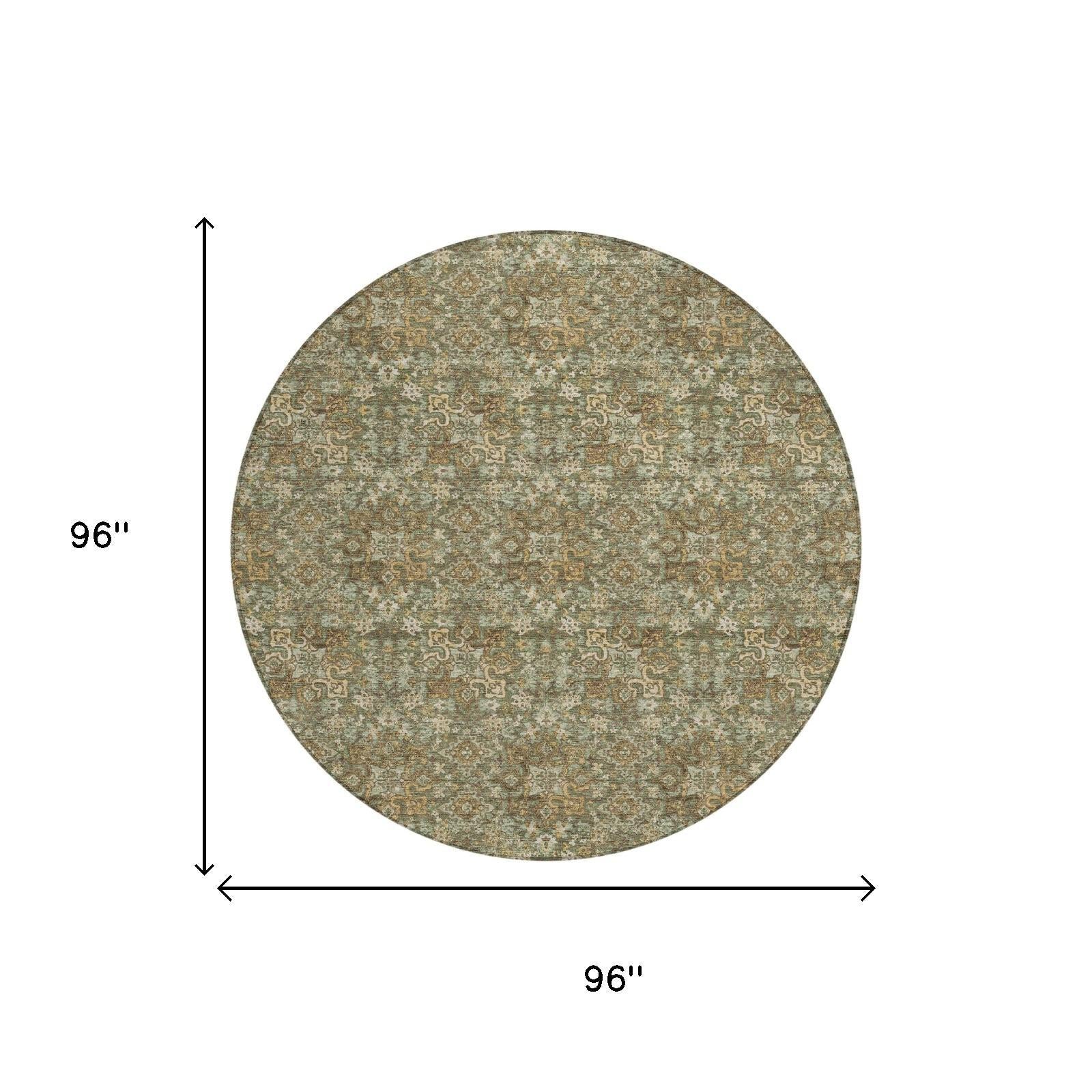 Round damask area rug size diagram, olive and green pattern