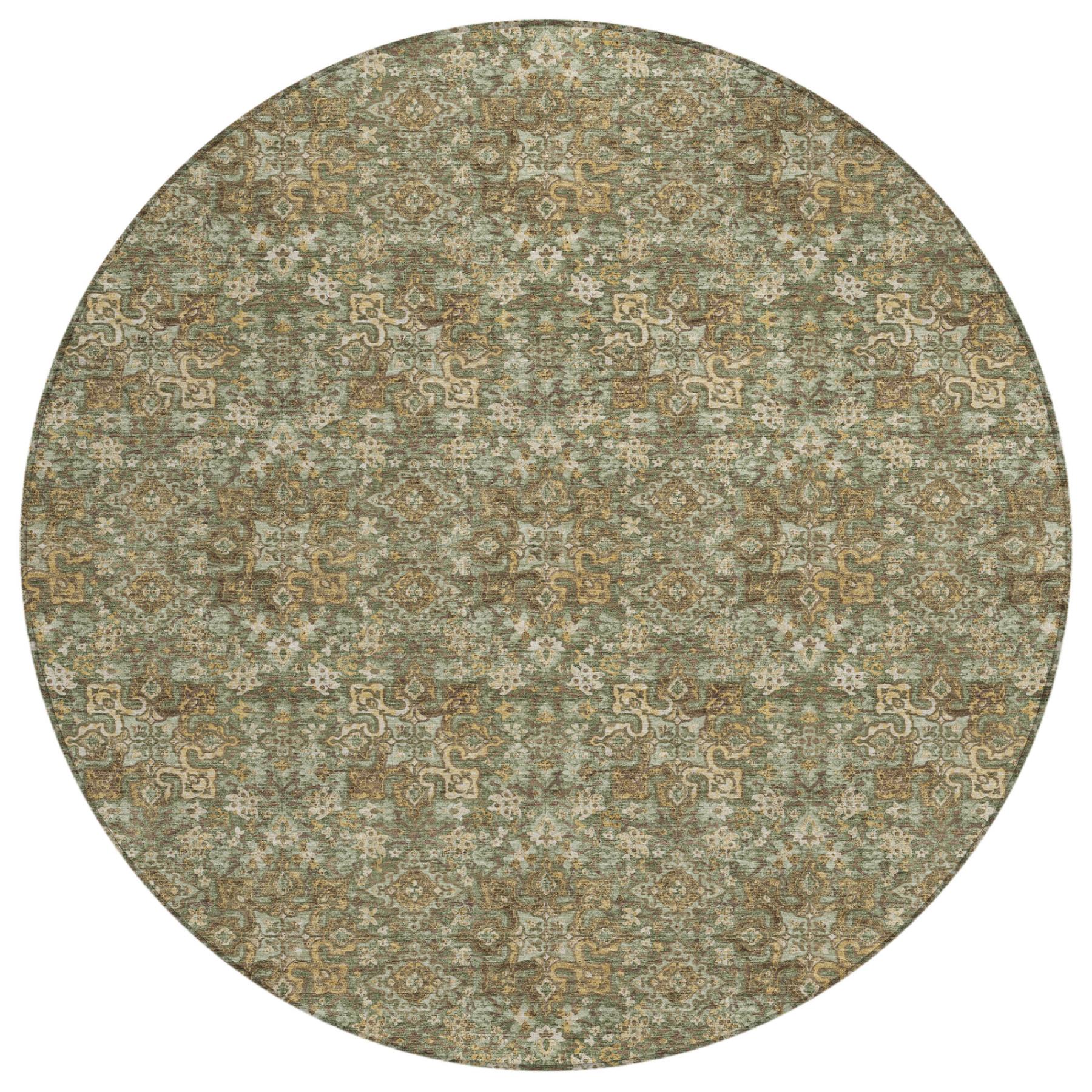 Round olive and green damask area rug with cream motif detail