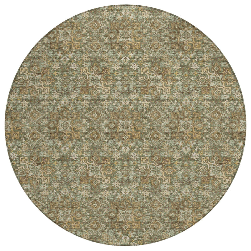 Round olive and green damask area rug with cream motif detail