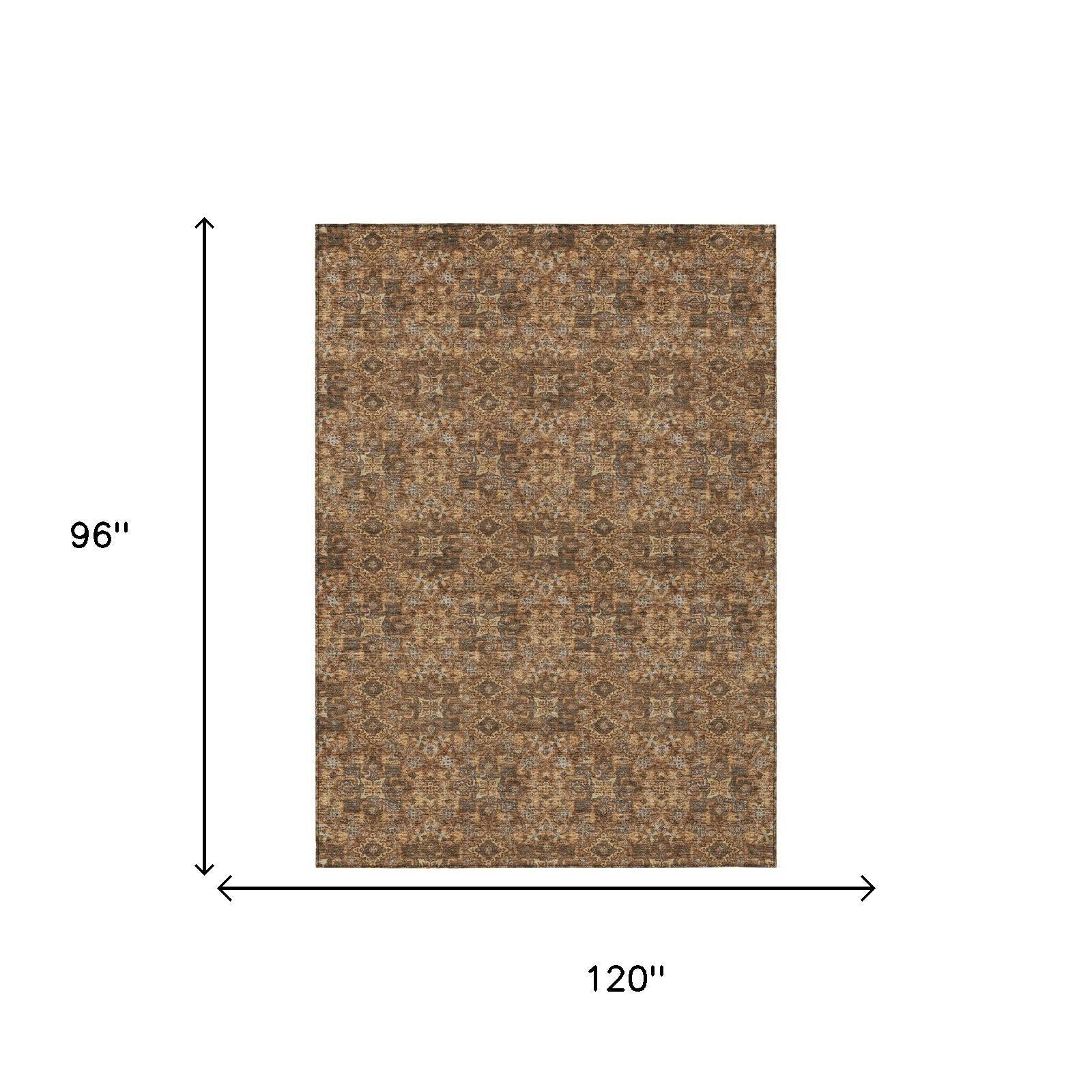 Rectangular damask area rug, orange and brown pattern with gray accents