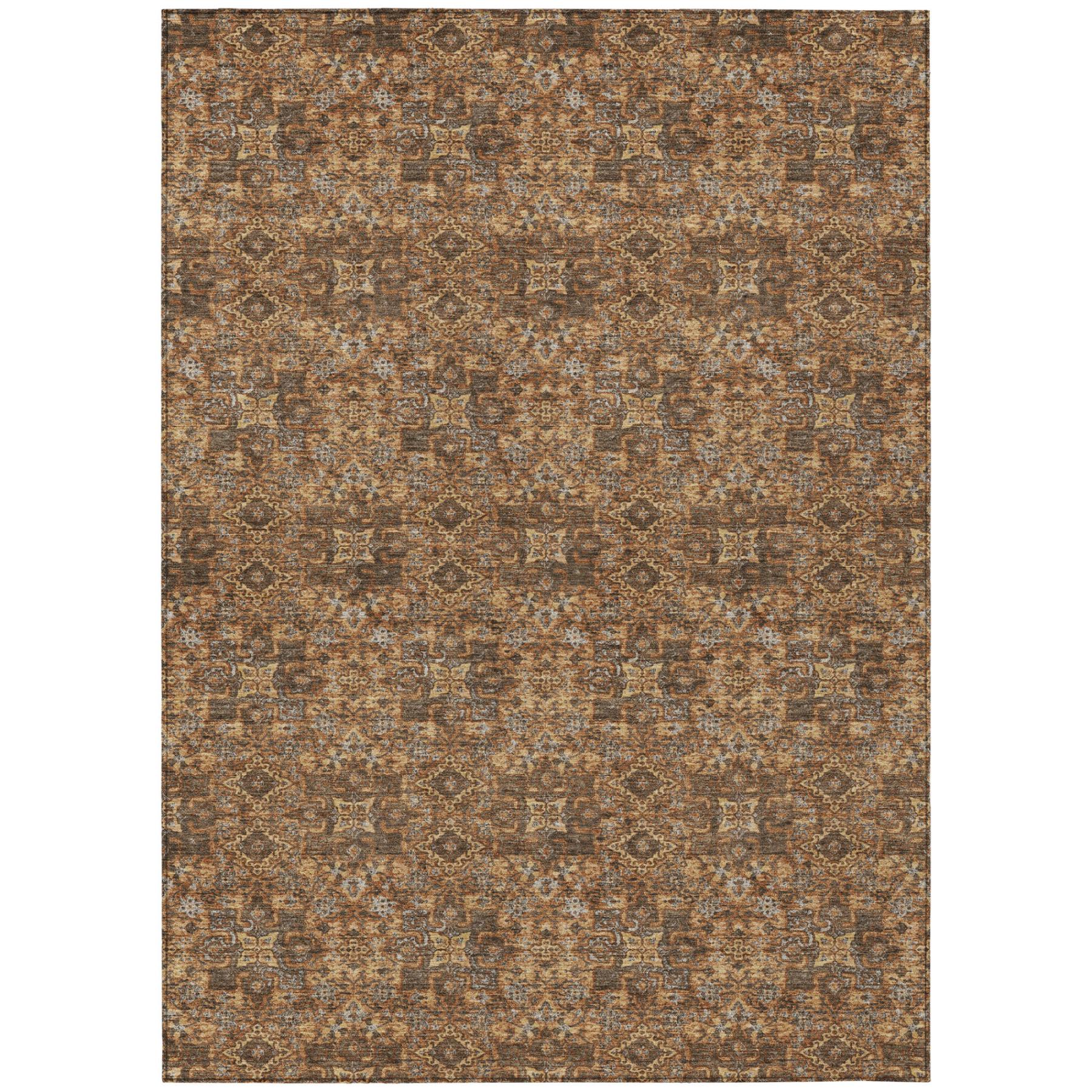 Damask area rug with small repeating motifs in orange-brown and gray accents