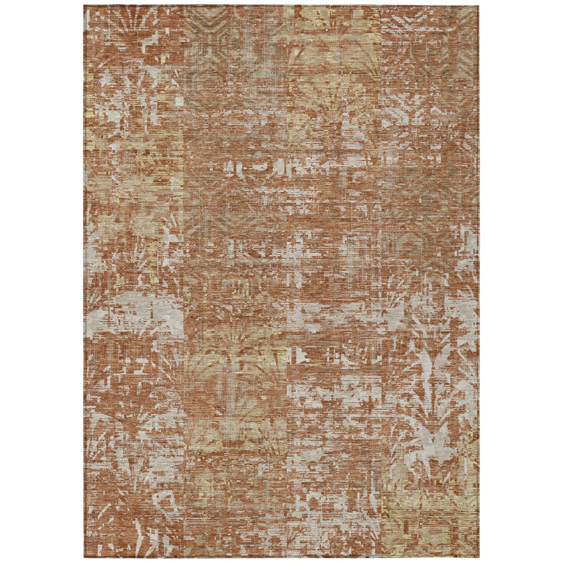 Orange and beige abstract area rug with textured distressed look