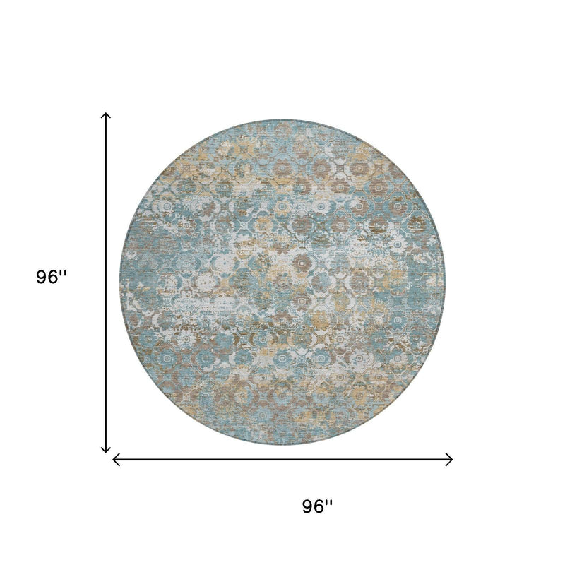 Round area rug size diagram, 96 in diameter, blue and beige medallion pattern