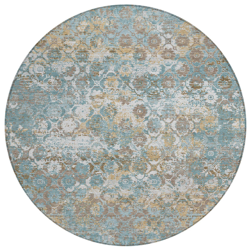 Round teal blue floral medallion area rug with pewter and cream tones