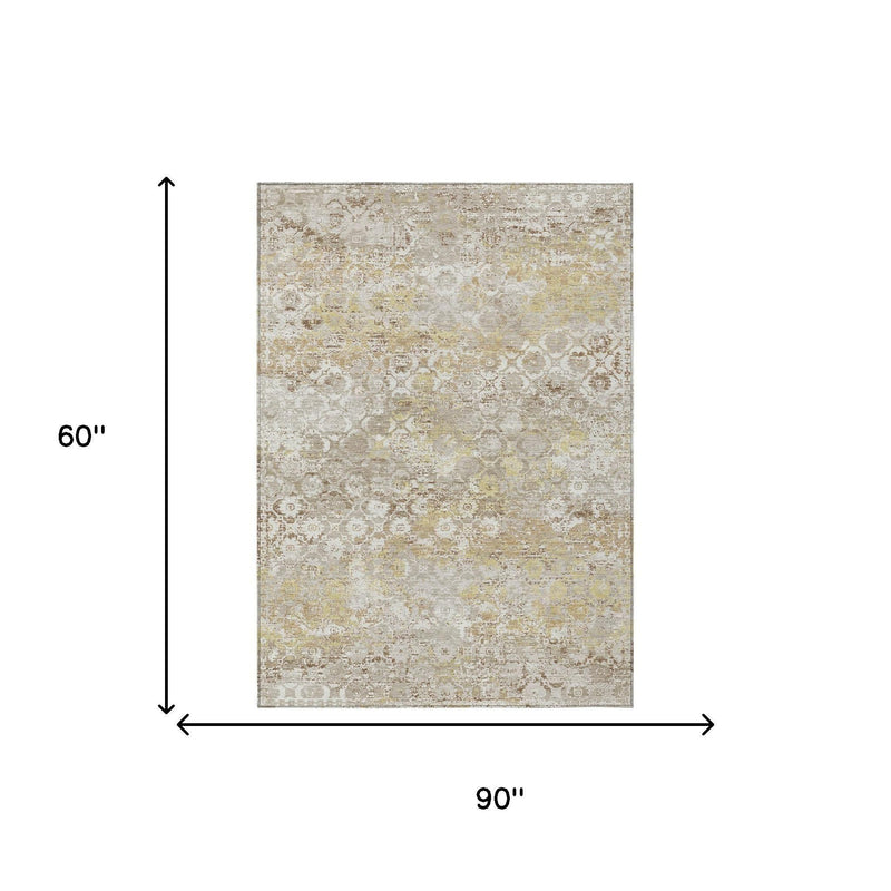 Rectangular ivory floral medallion area rug, distressed silver and gold, 60 x 90 in