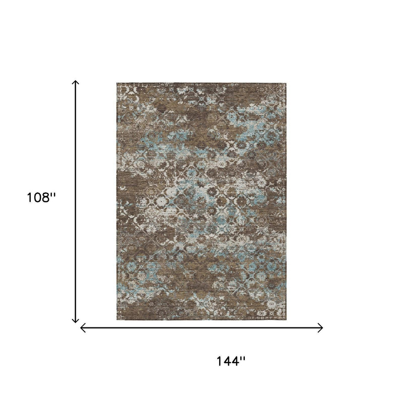 Brown and coffee floral medallion area rug with teal accents, 108 x 144 in