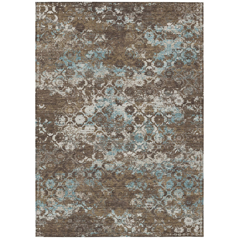 Brown and coffee area rug with distressed teal and white medallion design, bordered
