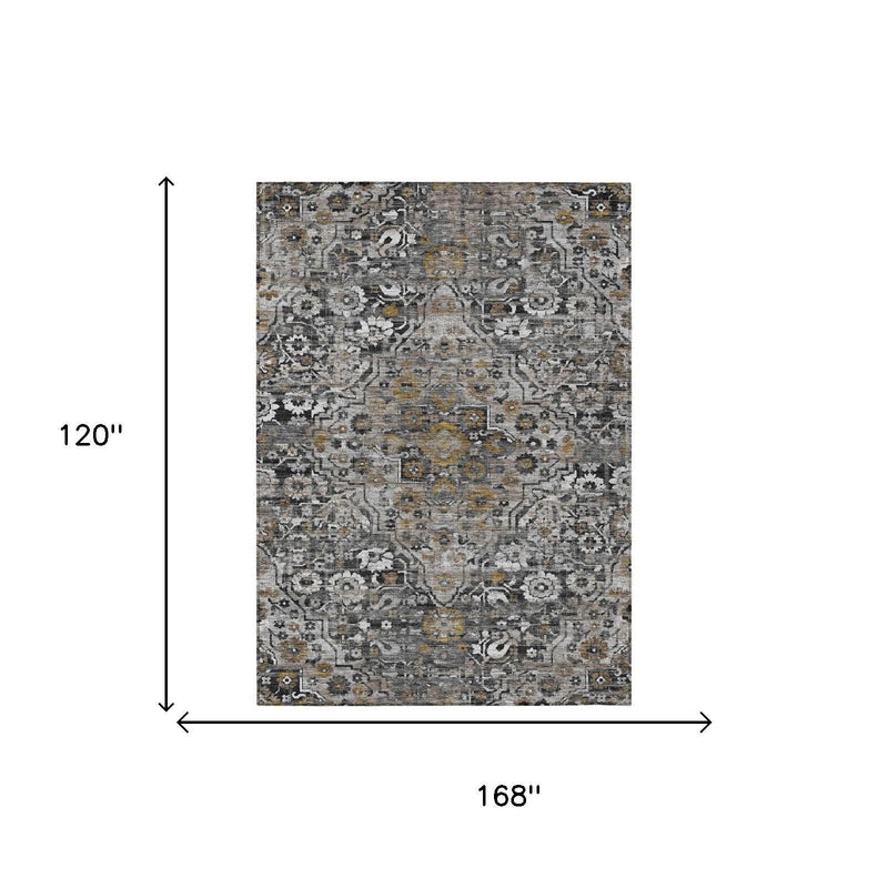 Rectangular gray and black floral medallion area rug, full design view