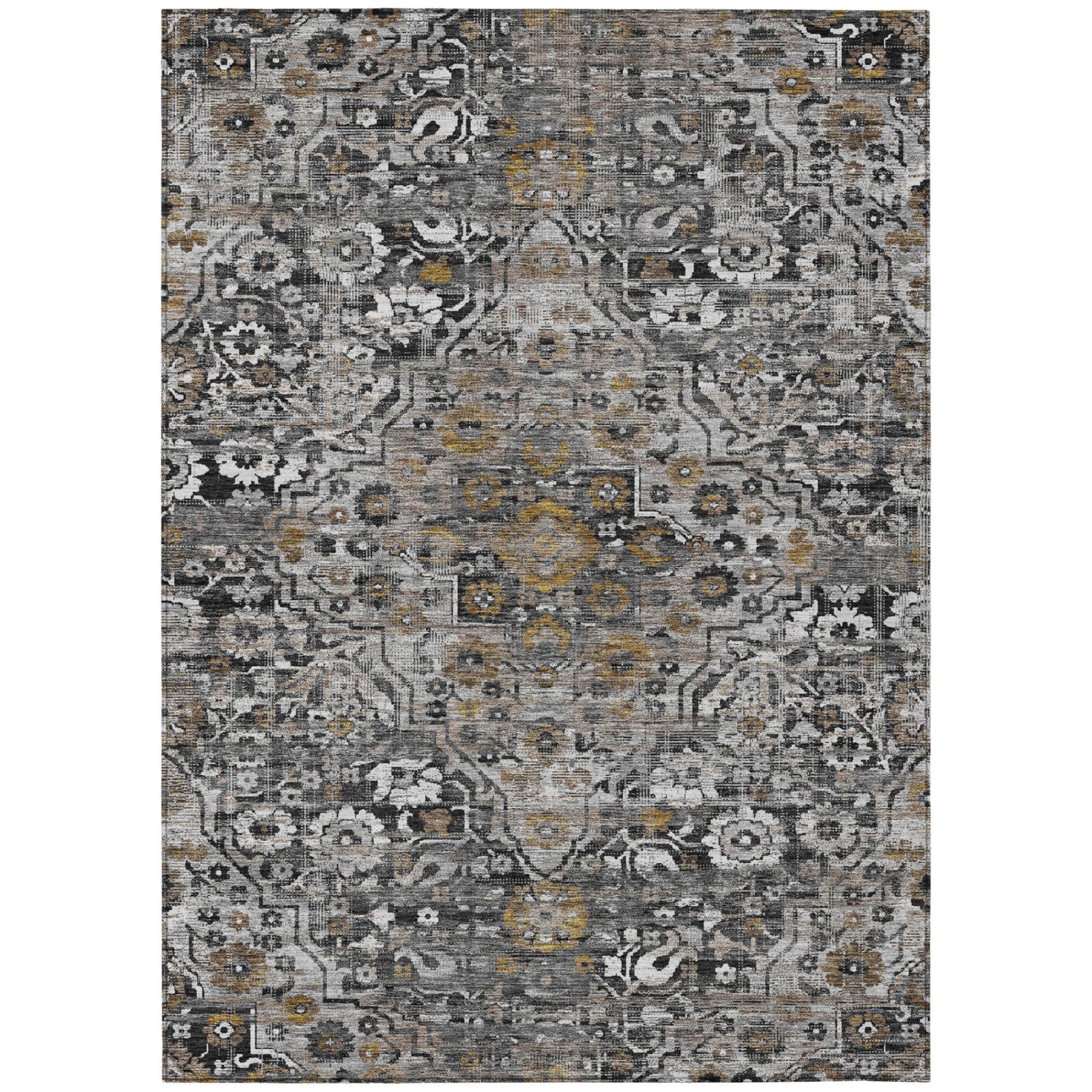 Rectangular gray and black floral medallion area rug with worn texture, front view
