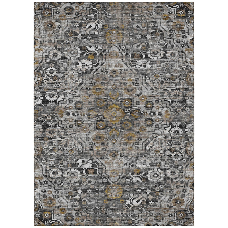 Rectangular gray and black floral medallion area rug with worn texture, front view