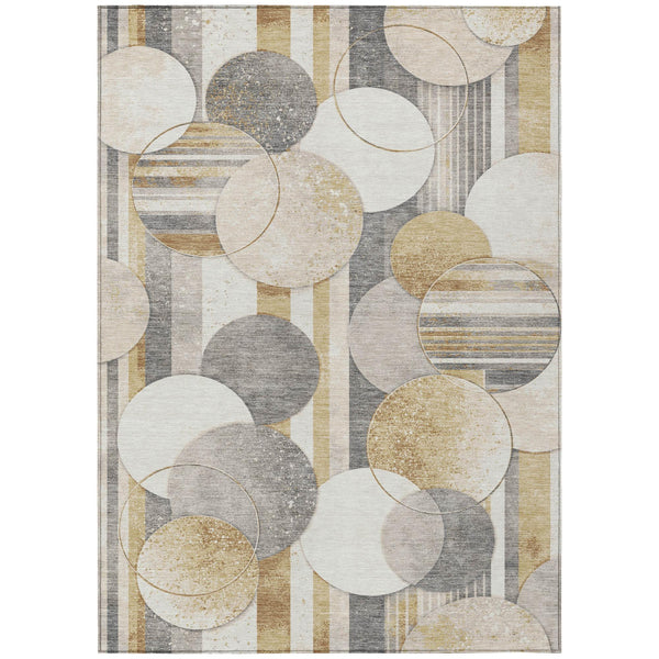 Geometric area rug with gold, pewter, and cream abstract circle pattern