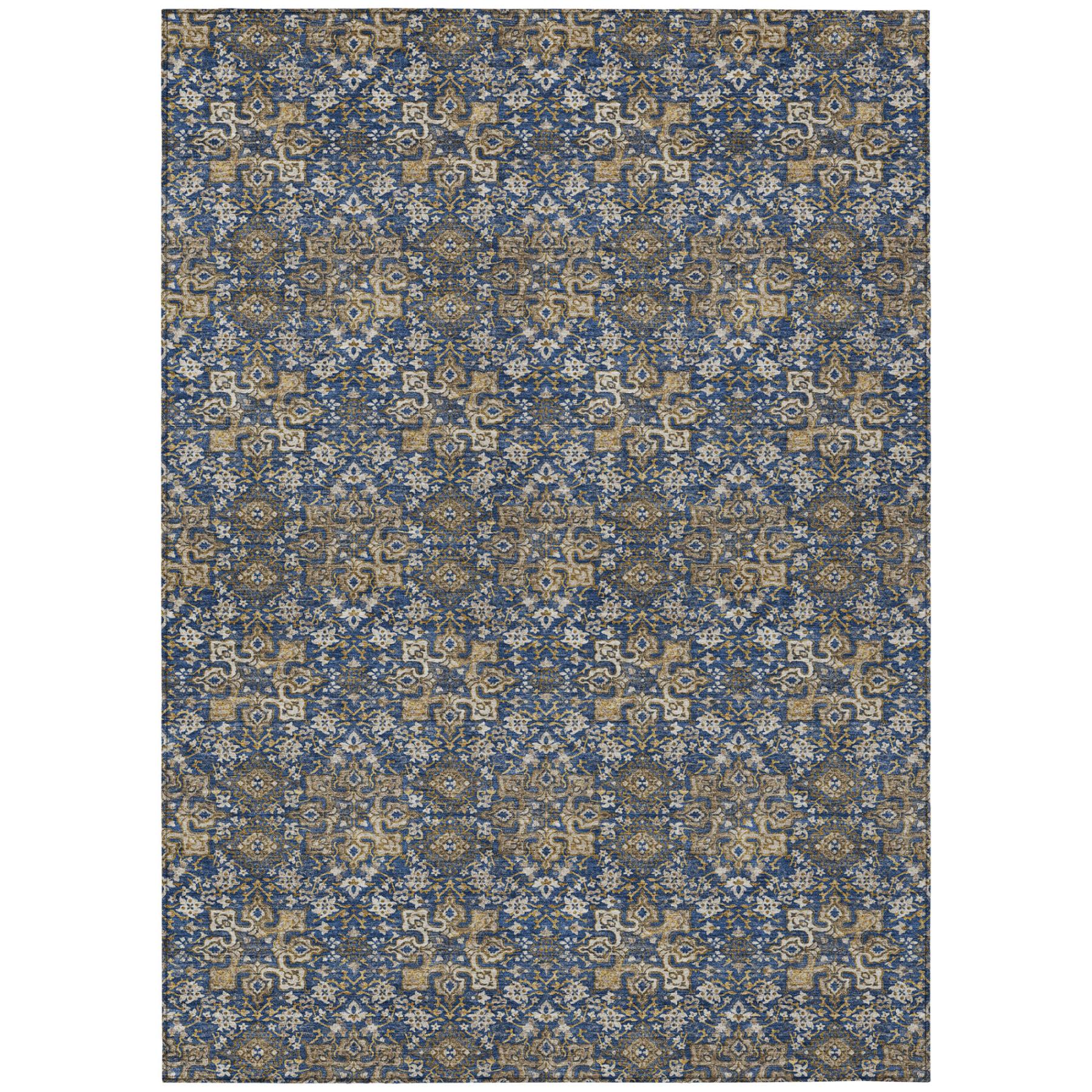 Blue and navy damask area rug with distressed ornamental motifs