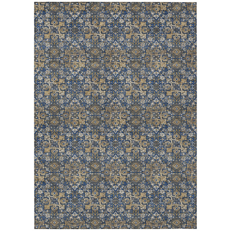 Blue and navy damask area rug with distressed ornamental motifs