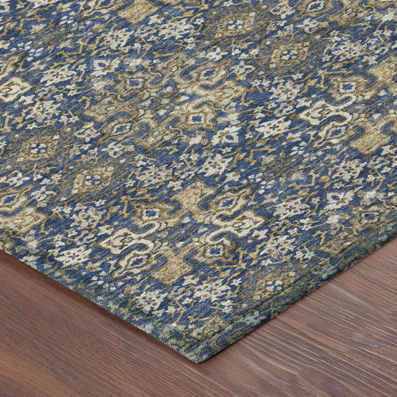 Blue damask pattern area rug with navy medallions