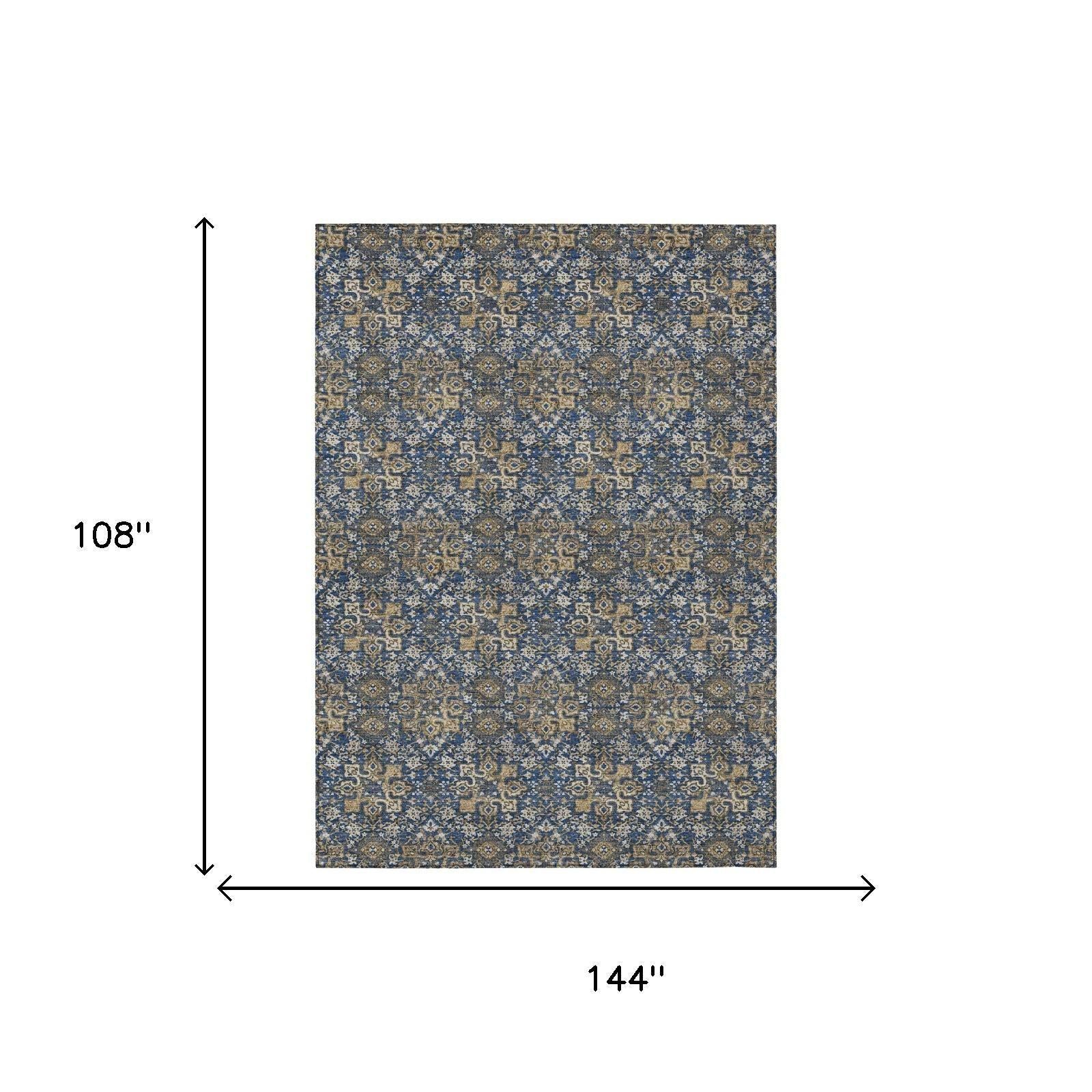 Blue and navy damask area rug, 108 x 144 inches