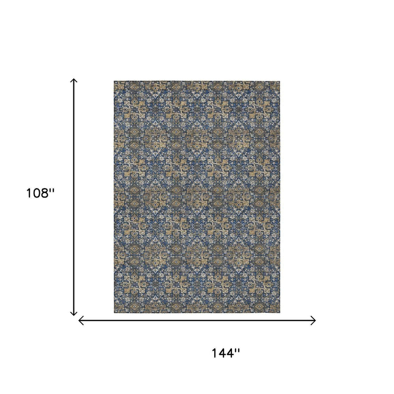 Blue and navy damask area rug, 108 x 144 inches