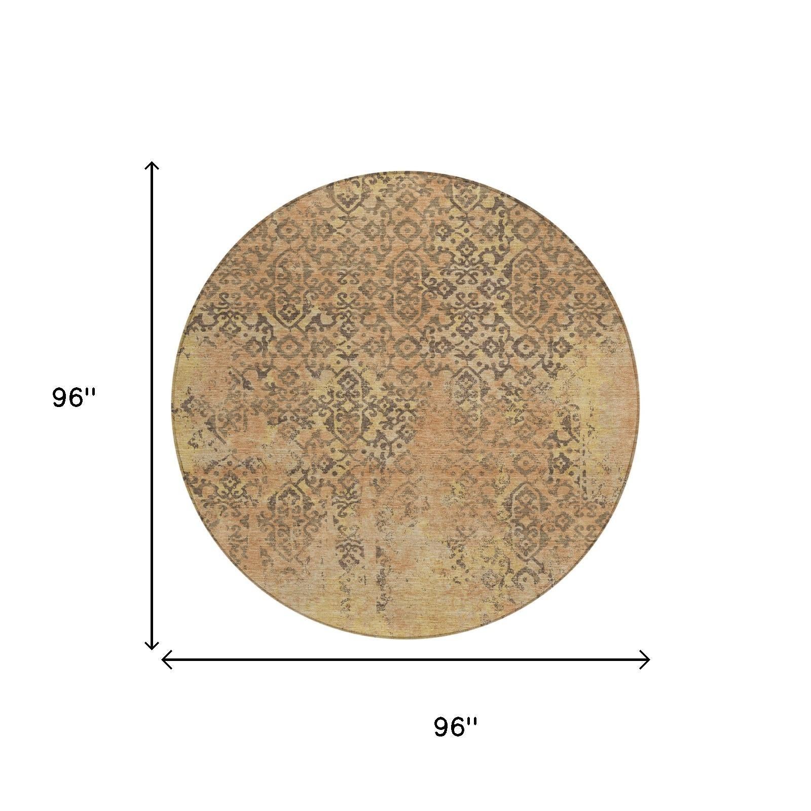 96-inch round rug with distressed abstract pattern in tan and copper tones