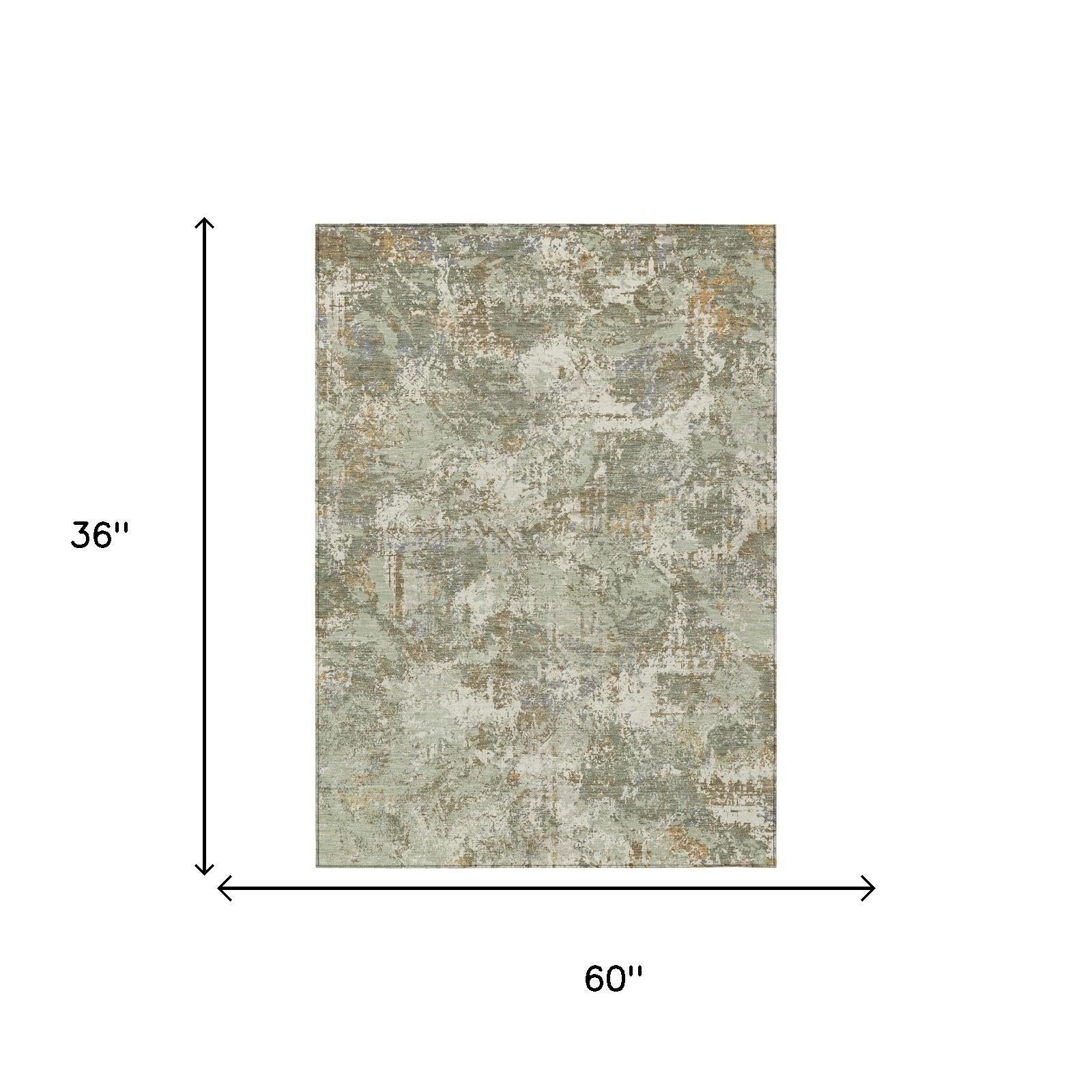 Rectangular 3x5 rug with abstract sage green and beige distressed design