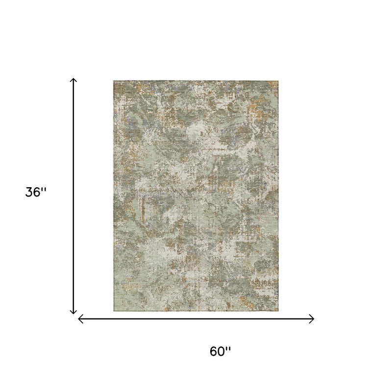 Rectangular 3x5 rug with abstract sage green and beige distressed design