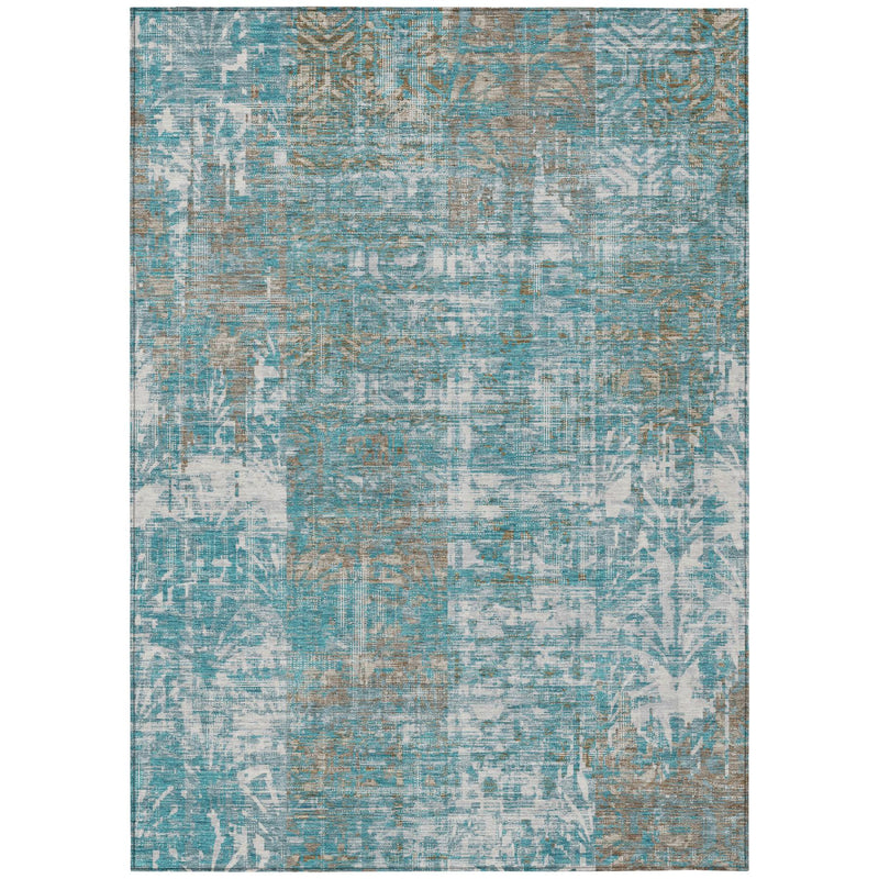 Teal blue and pewter abstract area rug with distressed grid-like pattern