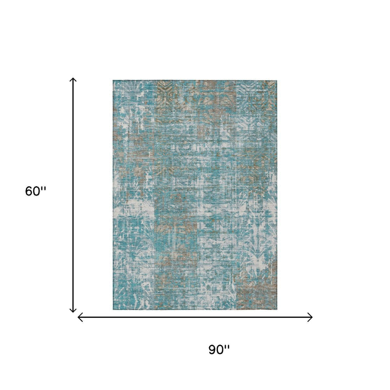 Teal blue and pewter abstract area rug, 5x8 ft layout with size markers